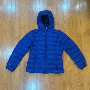 Eddie Bauer Down Jacket Coat Women’s Medium Blue Hooded EB650 Packable Full Zip